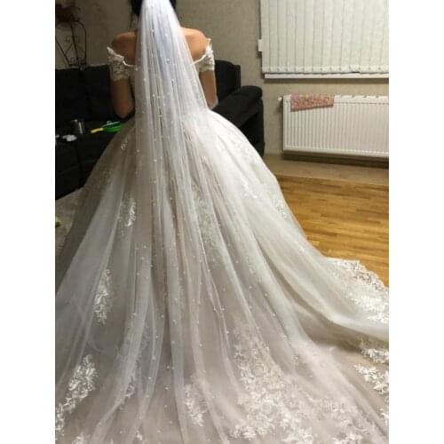 E JUE SHUNG Wedding Veils with Pearls One Layers Ivory White Long Bridal Veils Voile Mariage Wedding Accessories