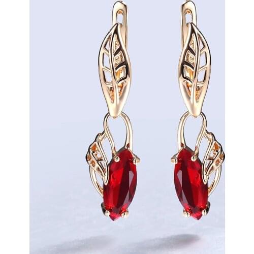 Dangle Drop Earrings For Women Elegant 585 Rose Gold Red Stone CZ Cubic Zirconia Girls Fashion Jewelry Gifts LGE352