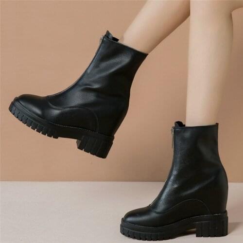 High Top Creepers Women Genuine Leather Wedges High Heel Ankle Boots Female Round Toe Chunky Platform Pumps Shoes Casual Shoes