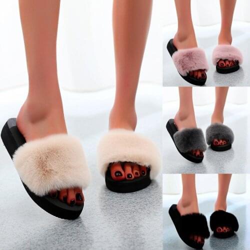 Fashion Women Furry Clip Toe Flip Flops Faux Fur Non-slip Wedges Beach Slippers Casual Platform Sandals Women Chaussures Femme