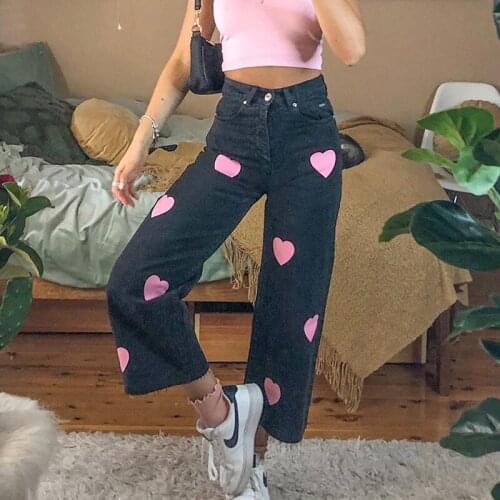 Harajuku Vintage Jeans Women High Waist Love Heart Print Straight Pants Autumn Streetwear Fashion Black Sweet Long Trousers
