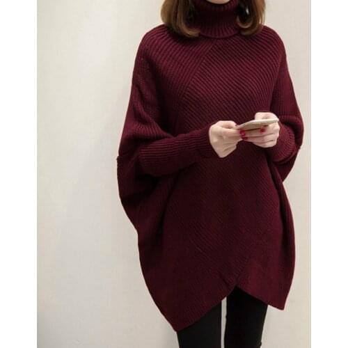 Women Autumn Winter Burgundy Oversized Turtleneck Pullover Sweater Batwing Sleeve Knitted Jumpers Irregular Length