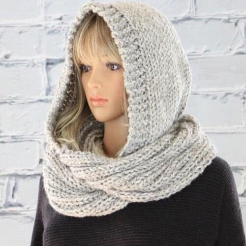 Women Winter Crochet Knit Hood Infinity Scarf Outdoor Windproof Warm Long Shawl Wrap Solid Color Earflap Hat Neck Warmer