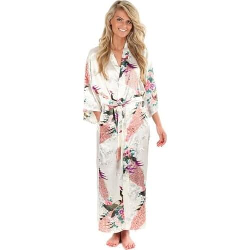 High Fashion White Silk Kimono Robe Gown Chinese Style Women Sleepwear Long Sexy Nightgown Flower Size S M L XL XXL XXXL A-044