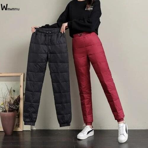 Winter Snow Wear Thick Warm Windproof Down Cotton Pants Trend High Waist Bean Feet Trousers Moms Oversized Sweatpants Cotton