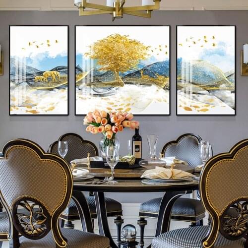 Golden Tree Landscape Painting Gold Elephant Deer Crystal Porcelain Painting Living room Office room 5D Diamond inlaid Painting