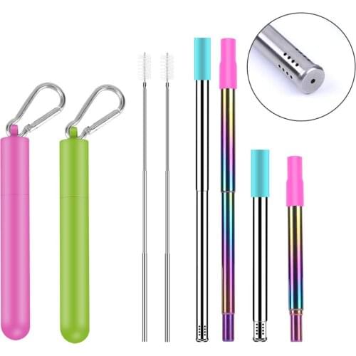 2 Pack Telescopic Reusable Straws Metal Stainless Steel with Hole and Telescopic Cleaning Brush, Silicone Tips