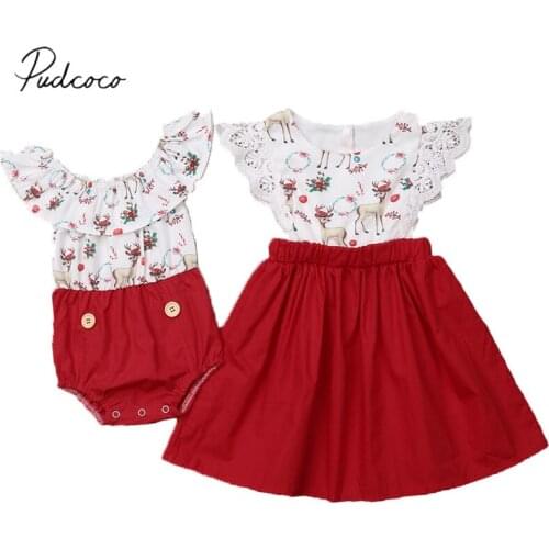 2018 Brand New Princess Infant Kid Baby Girl Sister Matching Xmas Clothes Romper Deer Print Patchwork Romper Dress Girls Clothes