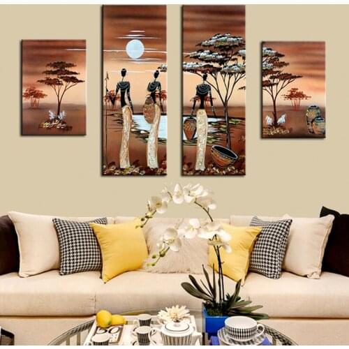 4pcs Abstract African Landscape Oil Painting Handpainted African Women Wall Pictures for Living room Canvas Art Home Decoration