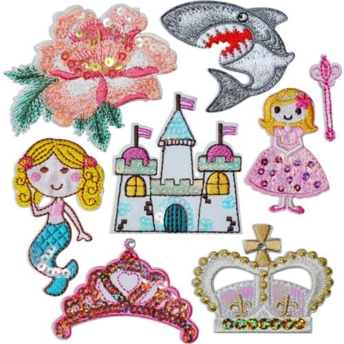 Flower Beaded Castle Flower Dolphin Whale Princess Crown Applique for Jacket Clothes Stickers Badge DIY Apparel Accessories