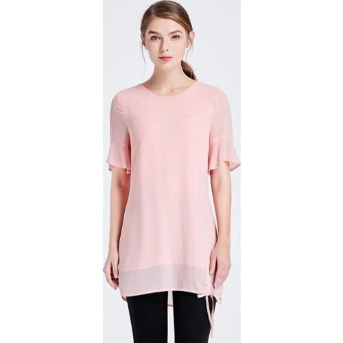 10 Colors Women Chiffon Summer Blouses Autumn Short Sleeves Long Shirts Hem Drawstring Solid Office Elegant Blusas Tops