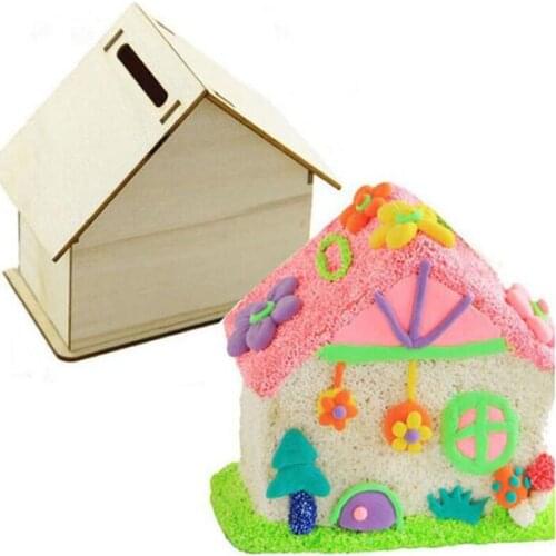 100pcs DIY Wood Chalet Coin House Room Mud White Save Money Base Art Decor Children Kid Wooden Crafts Gift Toys