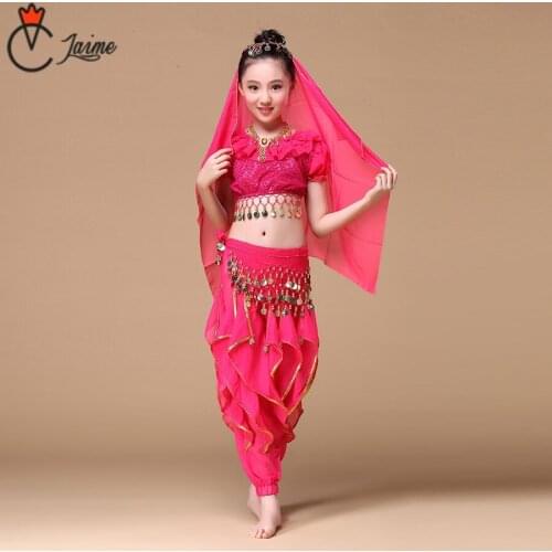 Children Indian Dance set 6 pieces Costume Set (Top, Belt, Pants,Headwear,veil,necklace) Sari Bollywood Dance Costumes for Girls