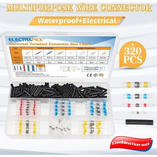 Electrapick 320pcs Solder Seal Wire Connectors, Insulated Waterproof Heat Shrink Cable Sleeves Insulated for Marine Boat Truck
