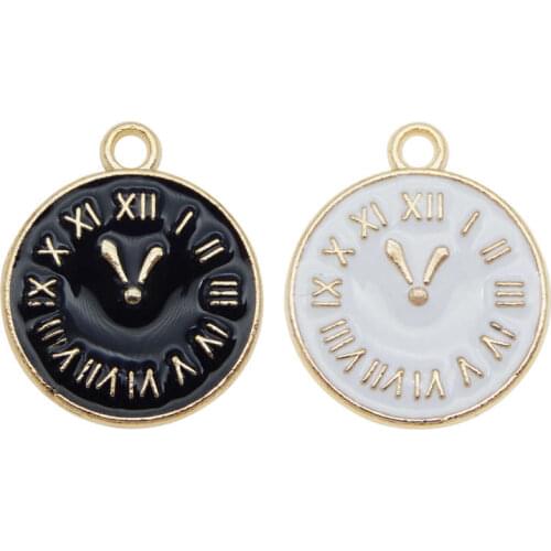 Julie Wang 8PCS Enamel Round Clock Charms White Black Gold Tone Bracelet Necklace Alloy Jewelry Making Accessory