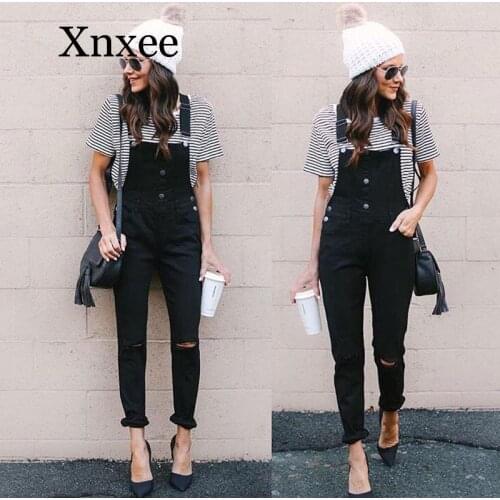 Black Autumn Winter Women Denim Overalls Black Denim Jumpsuit Ripped Holes Jeans Sleeveless Jumpsuits Hollow Out Slim Rompers