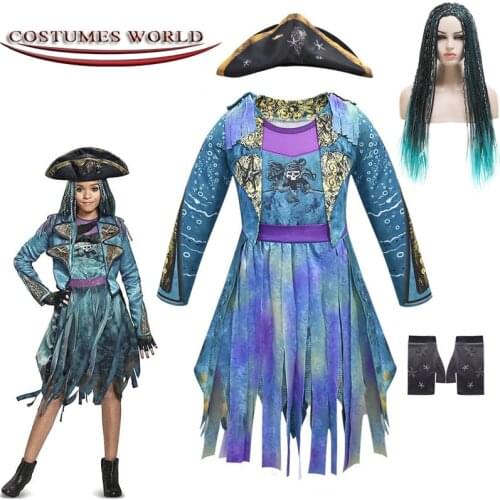 Mardi Gras Blue Descendants 3 Uma Ursula Costumes Sleeves party funny Cosplay Girls Wig+dress halloween Costume for Women Wig