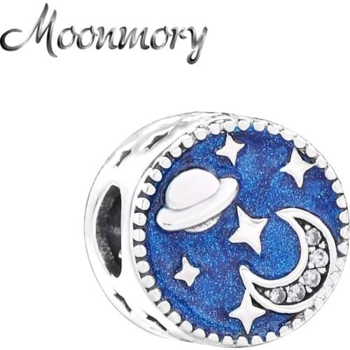 Moonmory 925 Sterling Silver Sparkling Galactic System Bead For DIY Brand Bracelet Planet Moon Star Charm Jewelry Christmas Gift