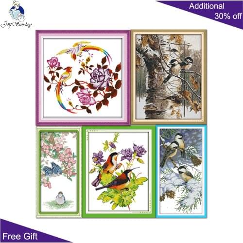 Joy Sunday Birds Needlework D606D614D620D665(1)D666(2) Home Decor Wreath Magpies Bring Spring Blue Autumn Birds Cross Stitch Set