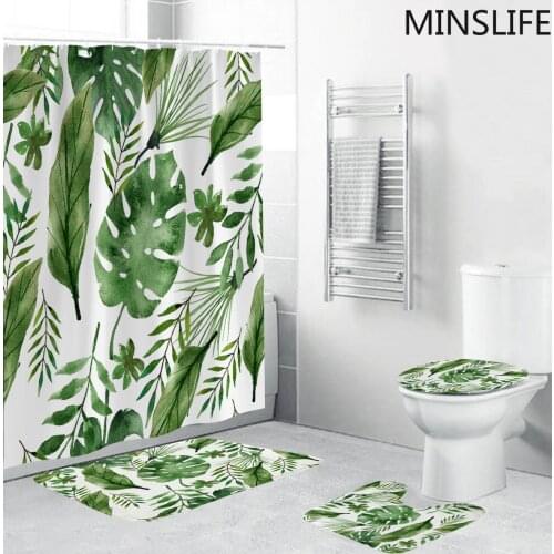 Green Leaf Pattern Bathroom Non-slip Mat Set Durable Waterproof Shower Curtain Set Pedestal Rug Lid Toilet Cover Bath Mat Rugs