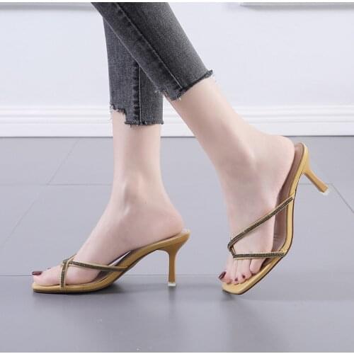 New Womens Summer Square Toe Slippers Female Rhinestone Sandals Women 2021 Thin Heel Fashion Pumps Elegant Outsides Slides