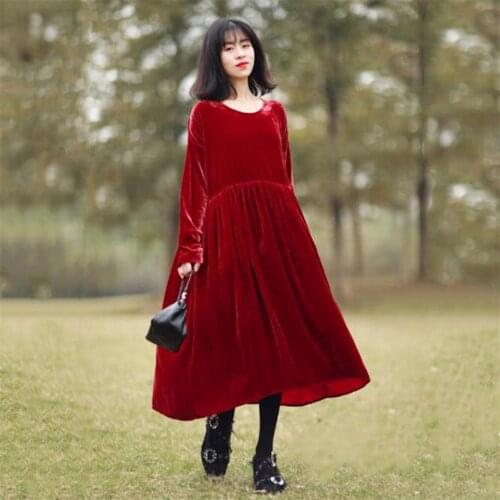 Autumn Vintage Velvet Long Dress Women Casual Loose Solid Maxi Dress Elegant O-Neck Party Dress Plus Size Vestidos M-7XL