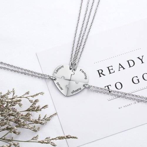 Personalized BFF Necklace Custom Engraved Name Best Friend Heart Necklaces Pendant Friendship Family Jewelry Charm - 4Pcs