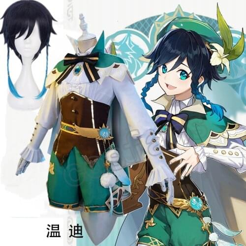 Genshin Impact Cosplay Halloween Venti Cosplay costumes Venti Cosplay Wigs Gradient Blue Short Cosplay Wig Braided Hairs Shoes