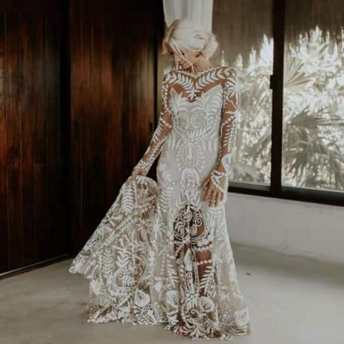 UMK Vestido De Noiva 2021 Boho Wedding Dress Chic Lace Long Sleeve Beach Wedding Gowns Vintage Two pieces Wedding Dresses