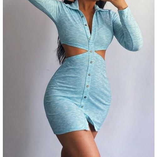 Robellii 2021 New Single Breasted Slim Short Dress Polo Neck Hollow Out Sexy Night Club Wear Women Vestidos