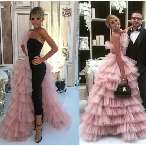 Pink Muslim Evening Dresses A-line Tulle Tiered Elegant Islamic Dubai Saudi Arabic Long Formal Evening Gown