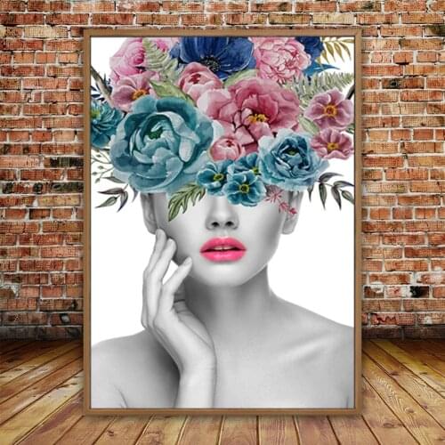 Self-adhesive Wall Stickers Beautiful Flower Woman Portrait Art Picture Paintings Wall Poster for Living Room Home Decoration
