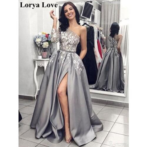 Gray Split A-Line Formal Evening Dresses 2020 One-Shoulder Appliques Lace Robe De Soiree Prom Gowns Long Sexy Women Maxi Dresses
