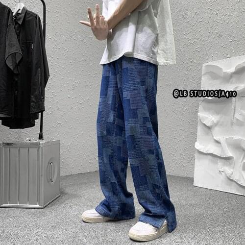 Blue/black Wide Leg Jeans Mens Fashion Retro Casual Baggy Plaid Jeans Men Streetwear Loose Hip-hop Straight Denim Trousers Mens