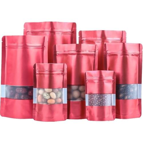 1000pcs/lot Stand up Red Aluminum Foil Self seal Bag with Window, Metallic Plastic Packaging Pouch for Food Tea Candy Cookie