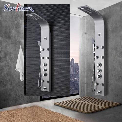 Senlesen Thermostatic Shower Column & Panel Brushed Nickel Digital Temperature Display Wall Mounted 5 Water Modes