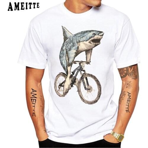Vintage Shark Riding A Bicycle Vinyl T-Shirt Summer Creative Pattern Funny Tops Mens Short Sleeve Hip Hop Boy Casual Tees