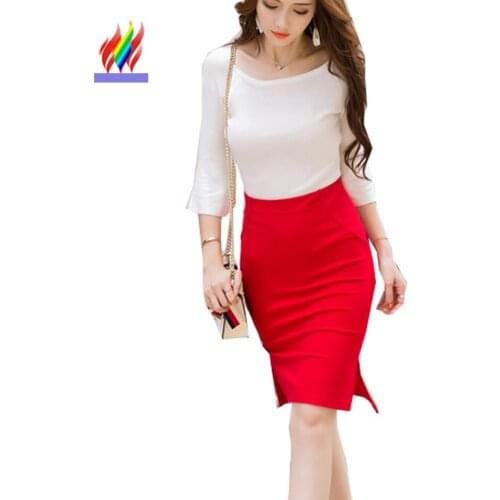 2-4XL 2 Colors Autumn Winter Skirts New Hot Fashion Women Red Black Slim Work Wear Formal Ladies Fitted Pencil High Waist Skirt