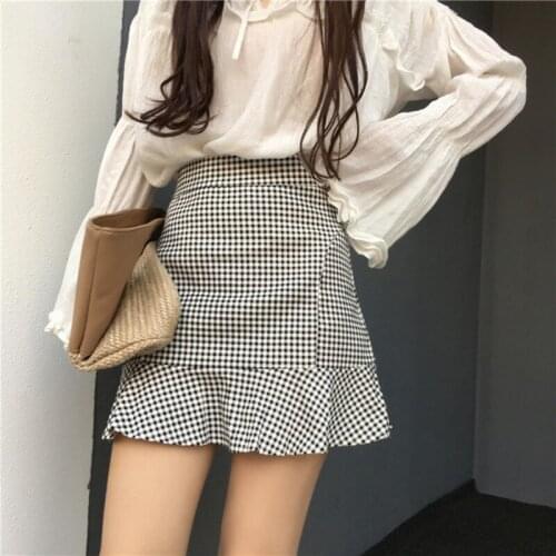 Fashion Plaid High Waist New Women Ruffled Mermaid Skirt Female Summer Spring Thin Short Skirts
