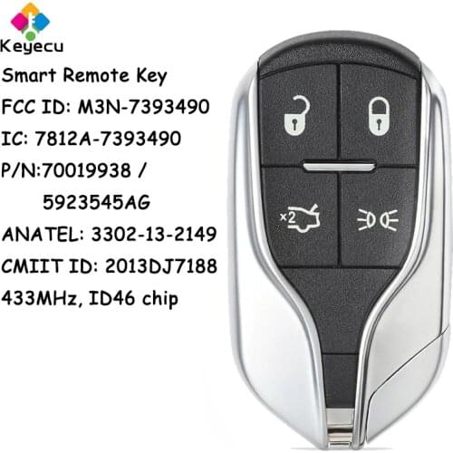 KEYECU Replacement Smart Remote Key - 4 Buttons & 433MHz & ID46 Chip - FOB for Maserati Ghibli 2014-2015/ Quattroporte 2012-2015