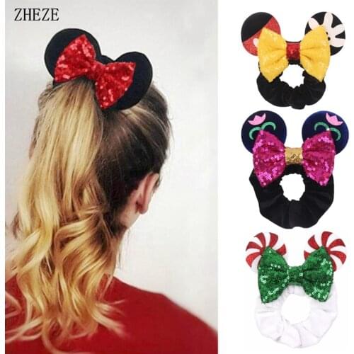 Hot Sales Mouse Ears Sequins Bows Headband Women Velvet Scrunchies Hair Bands For Girls Fashion Party DIY Accessories