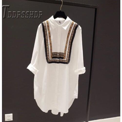 Plus Size Fat MM Women Blouse Embroidery Casual Long Sleeve Lapel Female Blouses