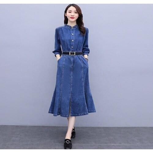 New Spring Autumn Women Dresses Solid Small Turn-Drown Collar Slim Hem Split Trumpet Jeans Dress For Females Denim Mermaid Dress
