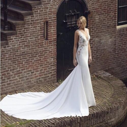 Sexy Sleeveless Mermaid Custom Made Woman V Neck Wedding Dresses 2021 Lace Chiffon Bridal Gowns Vestidos De Novia Gelinlik