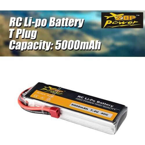 ZOP Power 7.4V 5000mAh 40C 2S Lipo Battery with T Plug Replacement Battery for RC Racing Drone Quadcopter Helicopter Car Boat