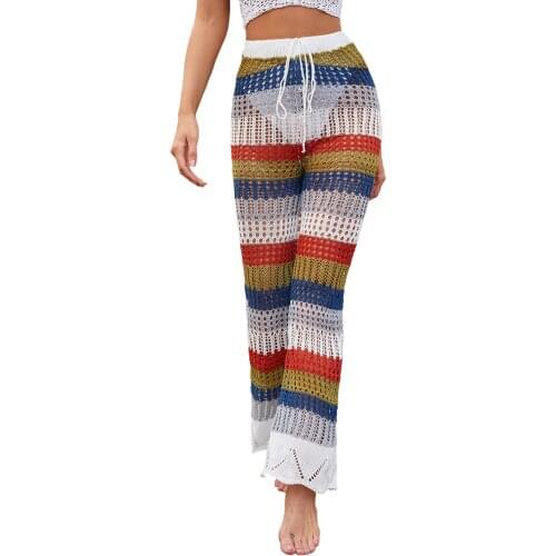 2021 Women Bikini Cover Up Pants, High Waist Crochet Hollow Out Color Block Swimsuits Beach Pants