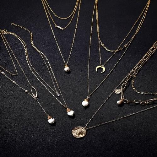 EN Fashion Multilayer Pearl Necklace For Women Bijoux Crystal Moon Choker Long Pendants Necklaces Geometric Vintage Jewelry