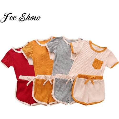 Toddler Kids Boys Girls Summer Knitted Ribbed Clothing Kid Baby Girls Casual Short Sleeve T-shirts Tops+Shorts Tracksuit Sets