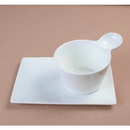 Fashionable Ceramics Serving Bowl with Tray Porcelain Dining Cup with Handle Tableware for Milk and Oat, Pudding and Ice Cream
