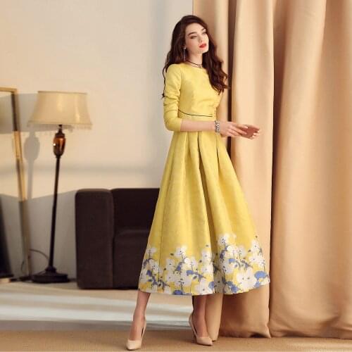 2021 Newly Women Female Full Sleeve Dobby Floral High Waisted Yellow Dress , Woman Vintage 3xl Long Flower Dresses
